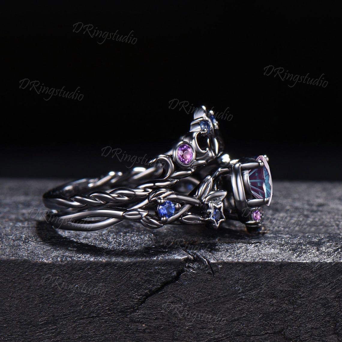 Unique Fireworks Cut Alexandrite Engagement Ring Set Moon Leaf Design Black Gold Amethyst Cluster Wedding Rings Alternative Bridal Gift