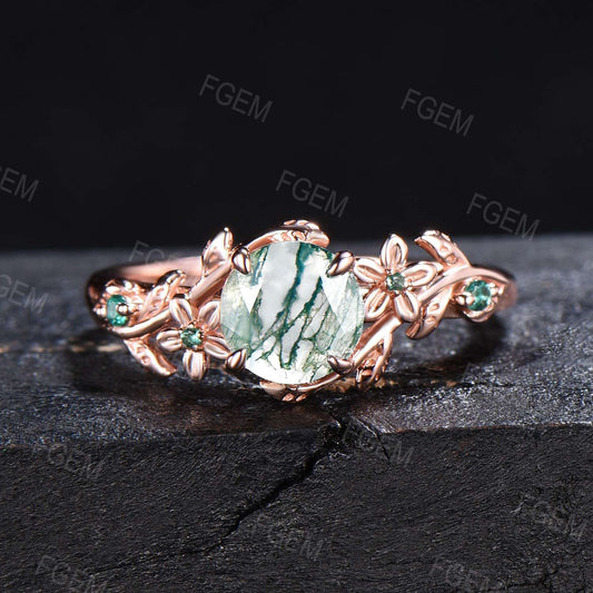 1ct Round Nature Inspired Natural Moss Agate Engagement Ring Women Sterling Silver Green Emerald Floral Wedding Ring Unique Gemstone Gifts