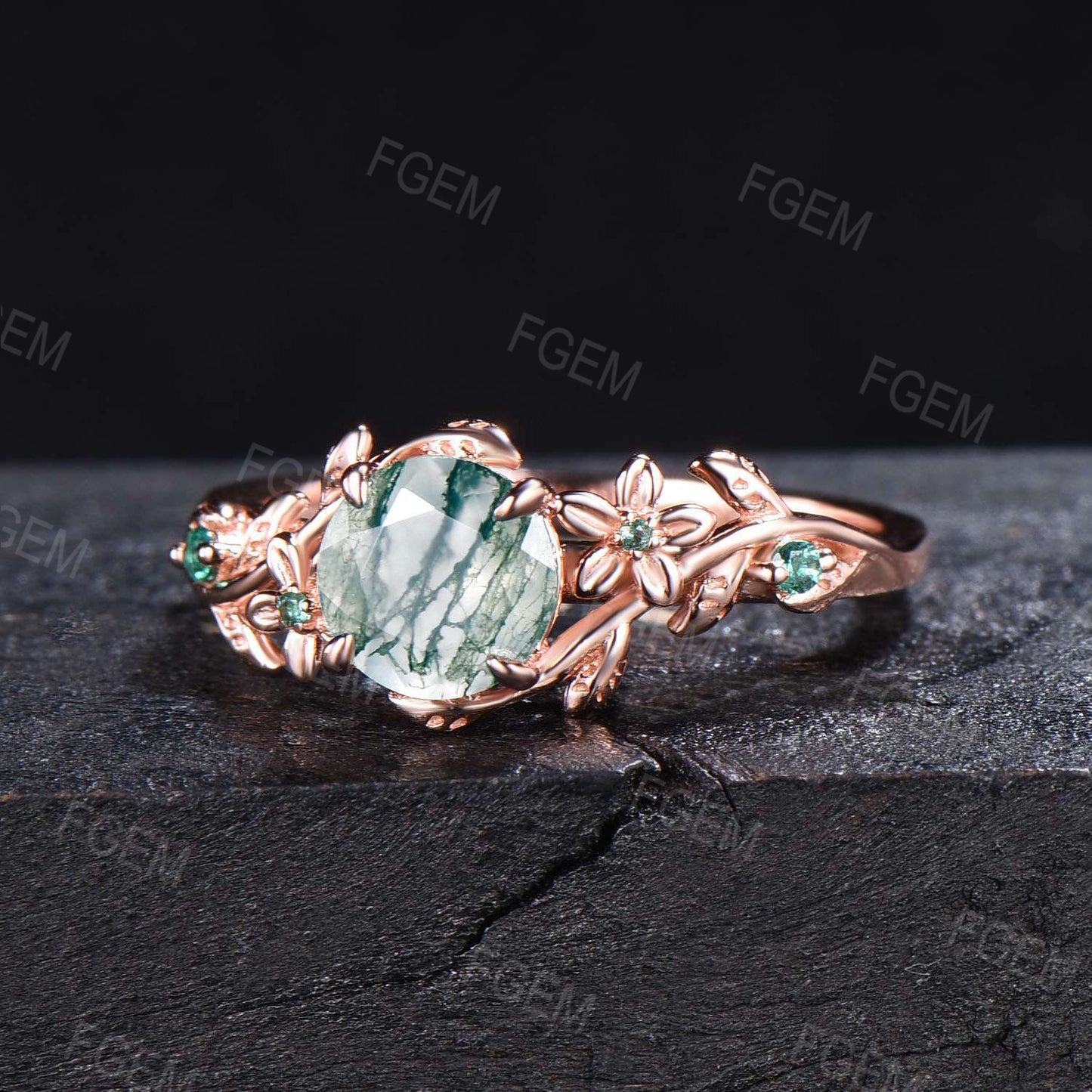 1ct Round Nature Inspired Natural Moss Agate Engagement Ring Women Sterling Silver Green Emerald Floral Wedding Ring Unique Gemstone Gifts