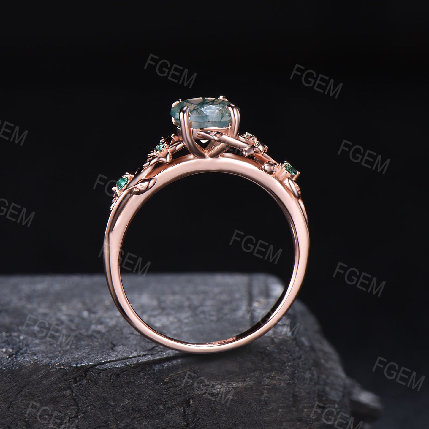 1ct Round Nature Inspired Natural Moss Agate Engagement Ring Women Sterling Silver Green Emerald Floral Wedding Ring Unique Gemstone Gifts
