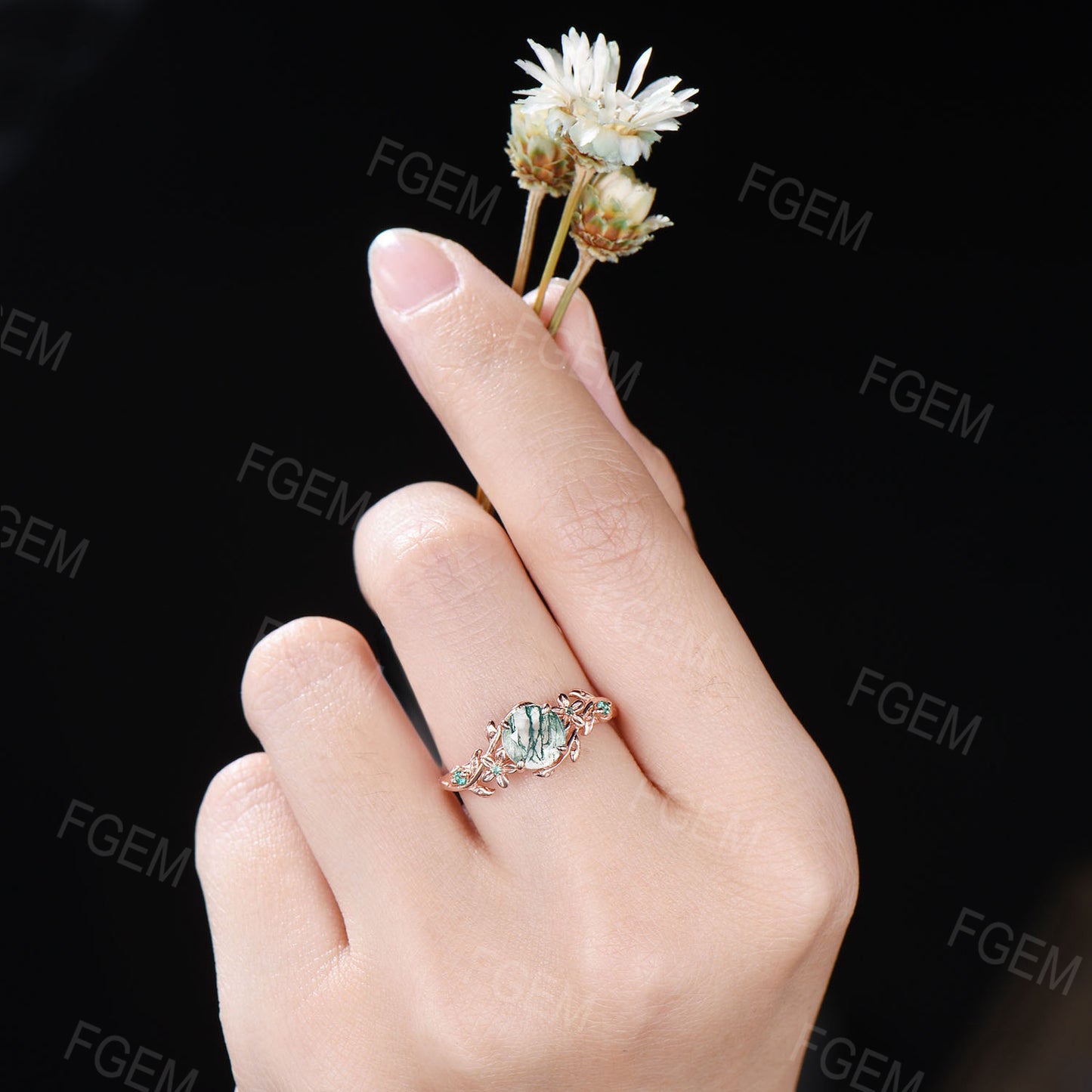 1ct Round Nature Inspired Natural Moss Agate Engagement Ring Women Sterling Silver Green Emerald Floral Wedding Ring Unique Gemstone Gifts