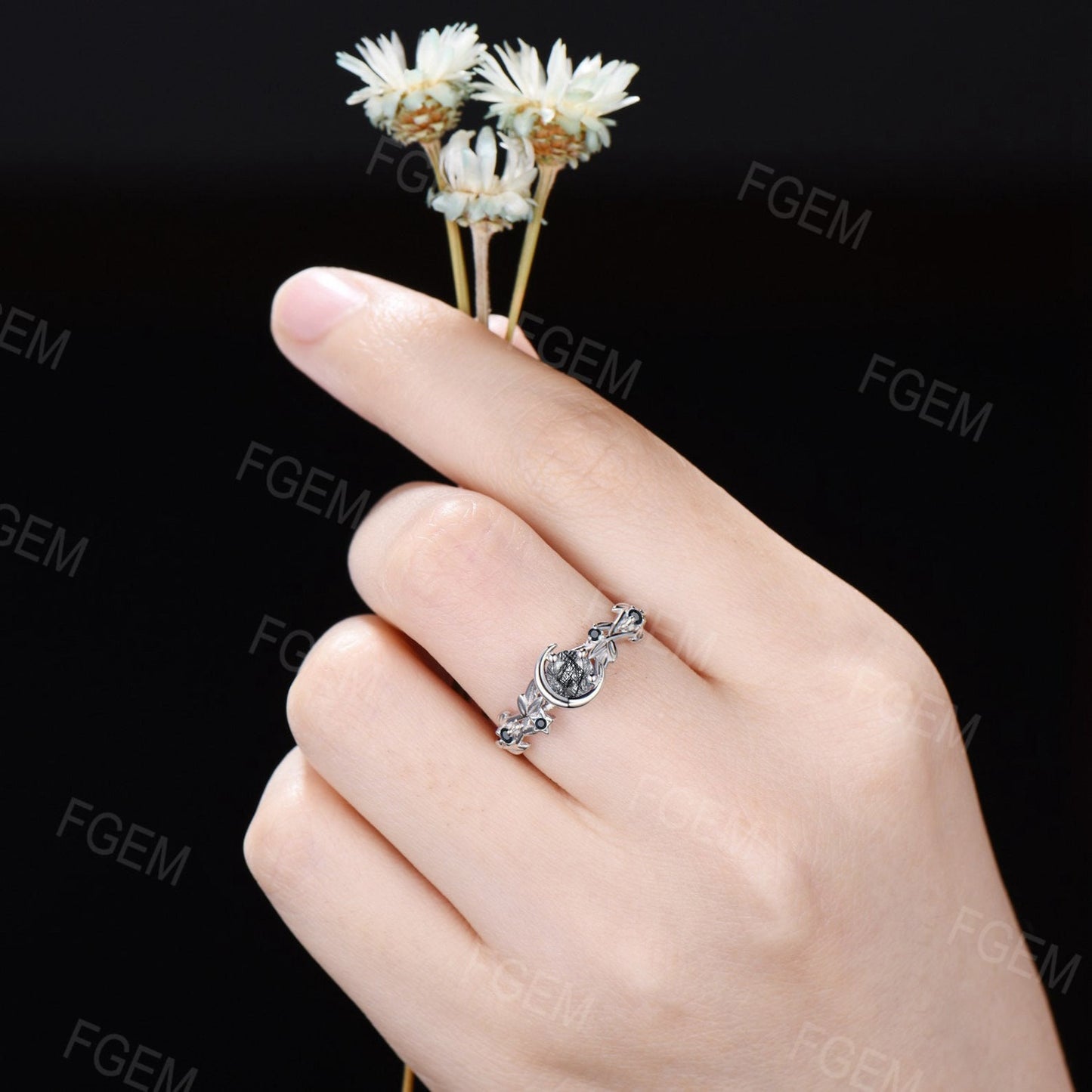 Vintage Round Black Rutilated Quartz Engagement Ring Sterling Silver Star Moon Cluster Black Spinel Personalized Black Gemstone Jewelry Gift