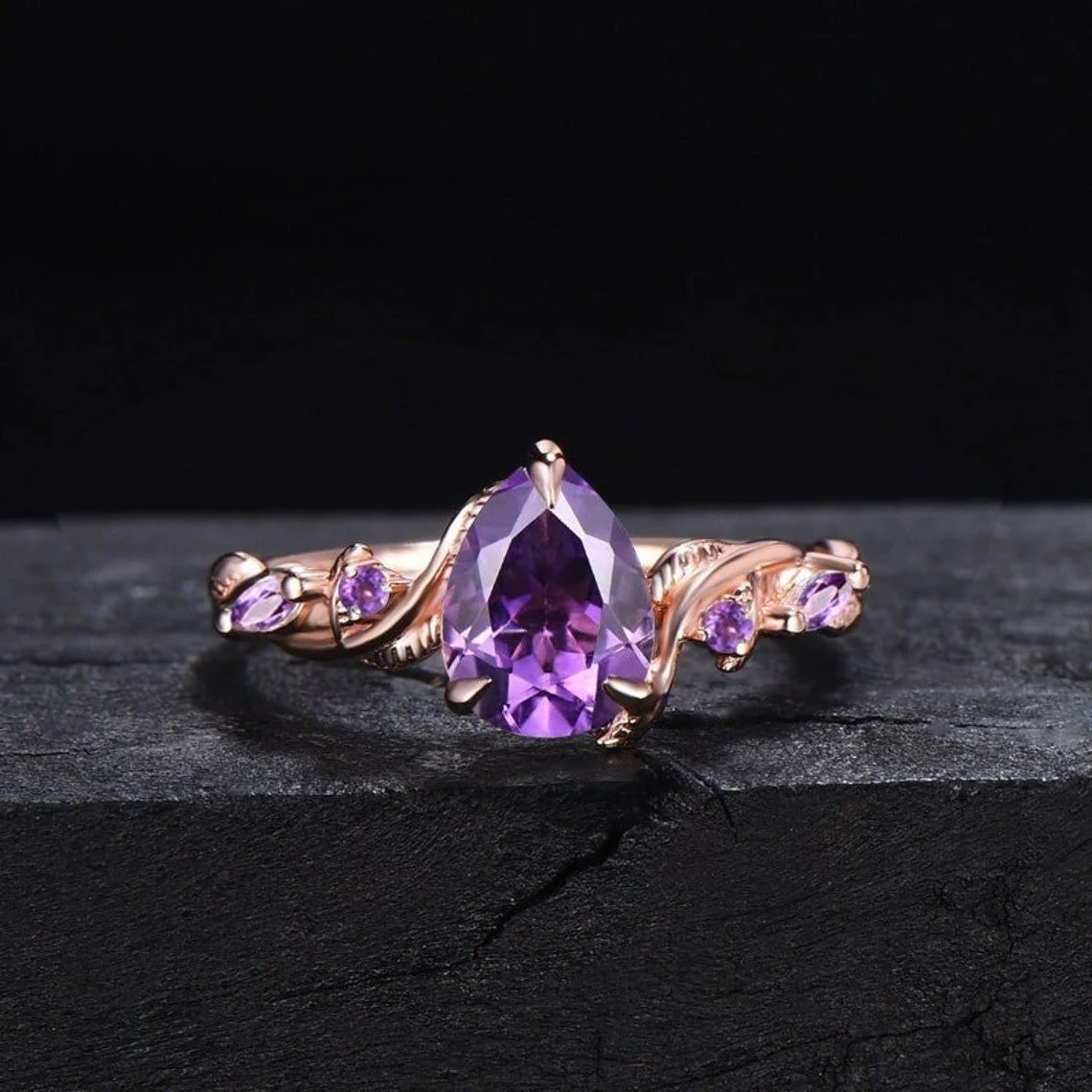 Twist Leaf Natural Amethyst Bridal Set February Birthstone 1.25ct Pear Shaped Nature Inspired Amethyst Ring Set Purple Crystal Wedding Ring