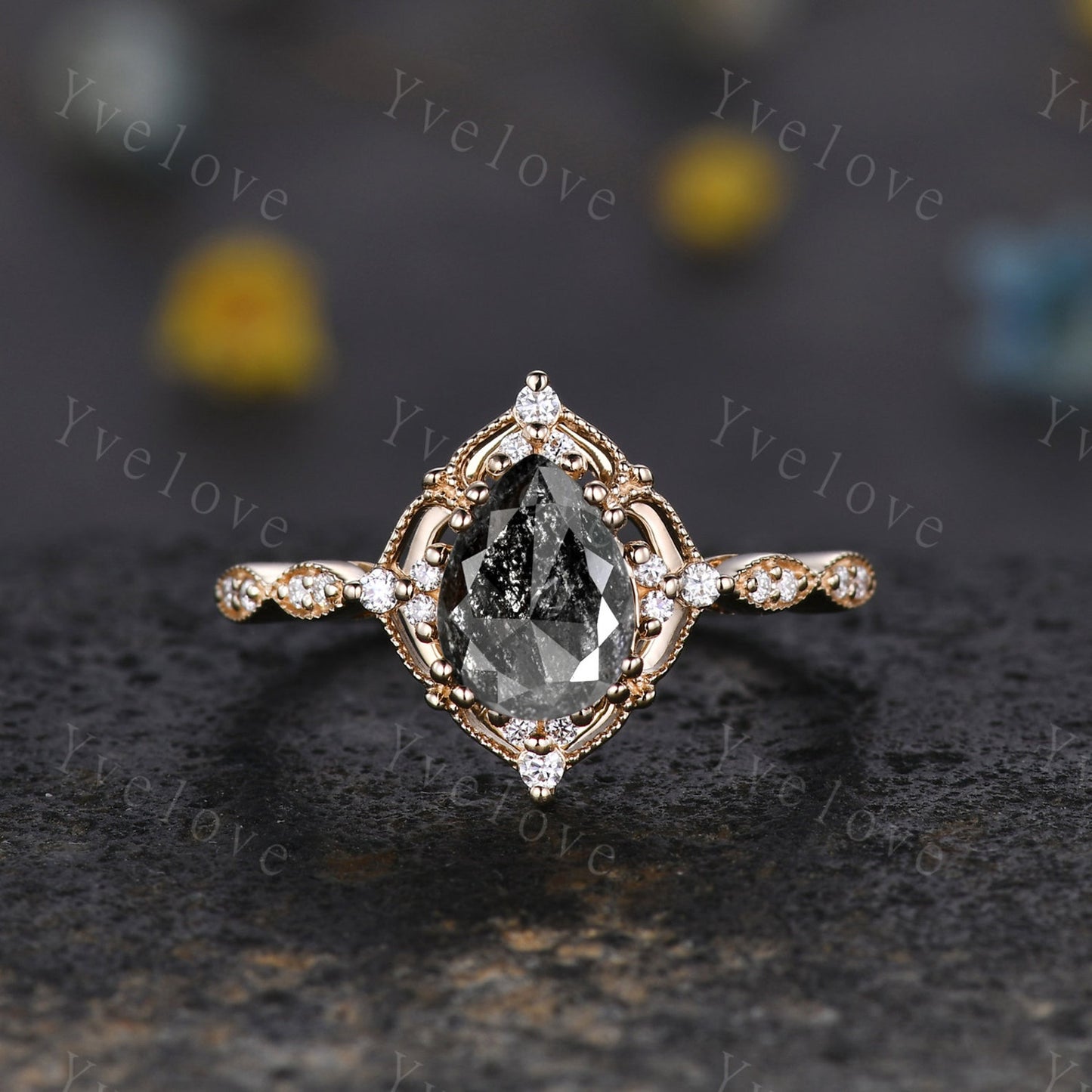 Vintage Salt & Pepper Diamond Pear Engagement Ring Set 14K Gold