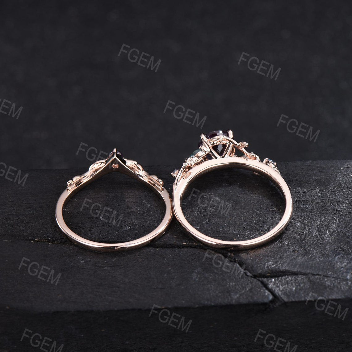 1ct Round Nature Inspired Color-Change Alexandrite Ring Rose Gold Cluster Moss Agate Engagement Ring Vintage Branch Alexandrite Bridal Sets