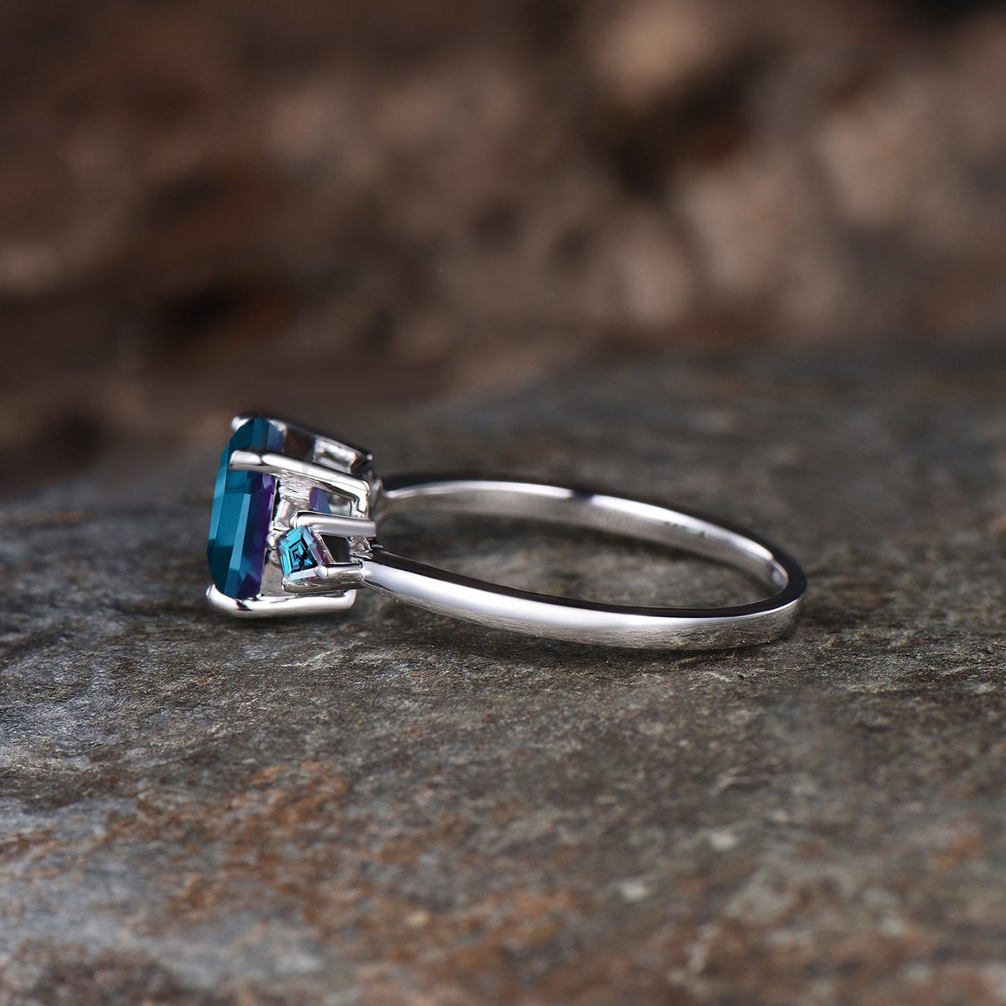 Asscher Cut Alexandrite Engagement Ring June Birthstone Color Change Alexandrite Wedding Ring Art Deco 925 Sterling Silver Three Stone Ring