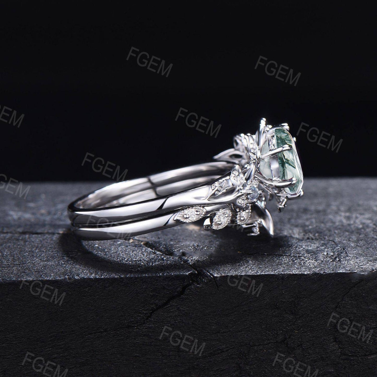 1ct Hexagon Natural Moss Agate Bridal Set 10K White Gold Nature Inspired Twig Leaf Green Agate Wedding Ring Celtic Trinity Knot Wedding Ring
