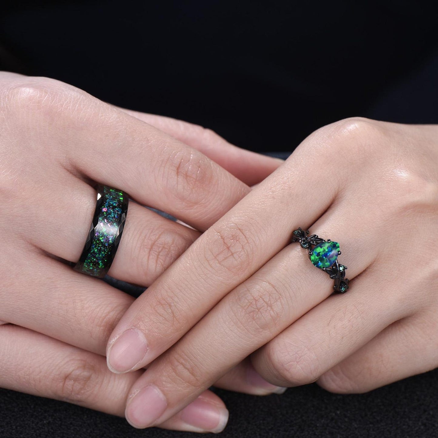 Gothic Black Opal Couple Rings Set Black Gold Pear Shaped Black Opal Engagement Ring Set Nebula Ring Tungsten Ring His and Hers Wedding Band