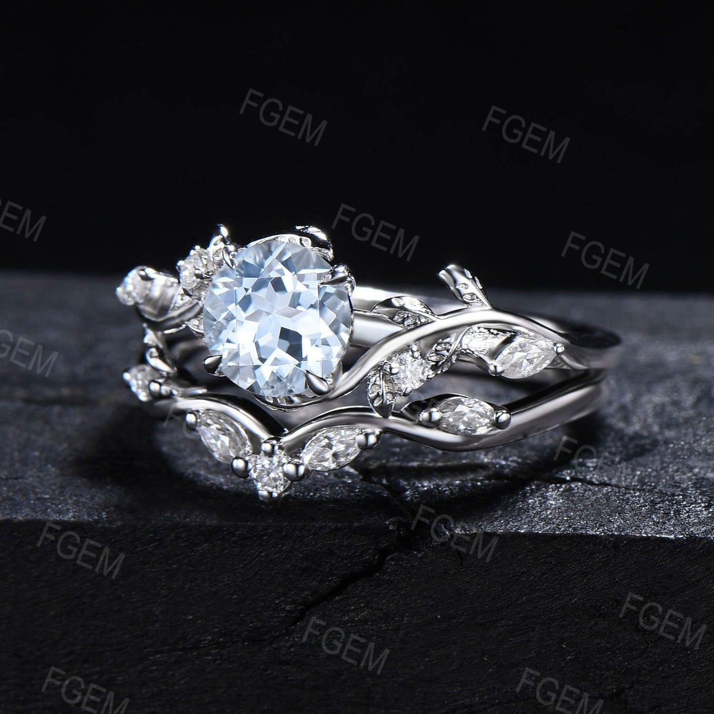 Twig Aquamarine Engagement Ring Set 6.5mm Round Natural Aquamarine Cluster Wedding Ring Branch Leaf Bridal Set March Birthstone Propose Ring