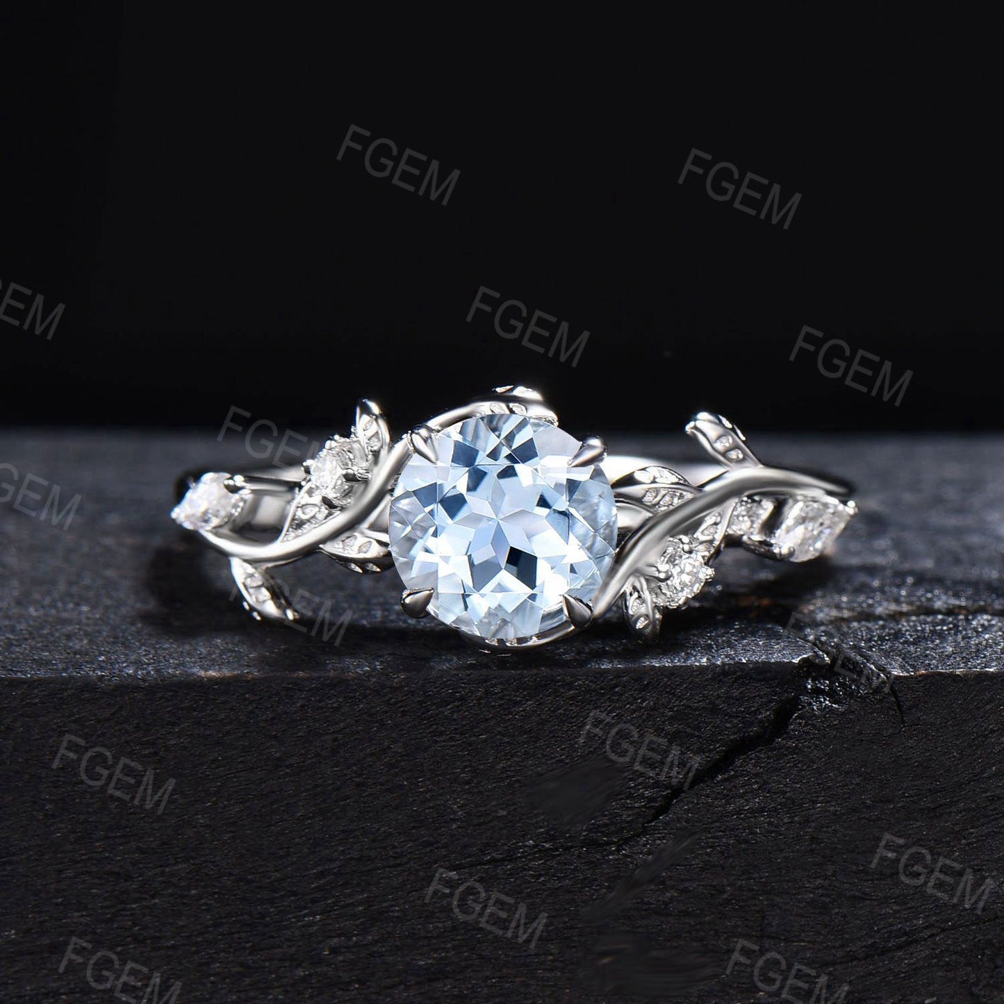 Twig Aquamarine Engagement Ring Set 6.5mm Round Natural Aquamarine Cluster Wedding Ring Branch Leaf Bridal Set March Birthstone Propose Ring