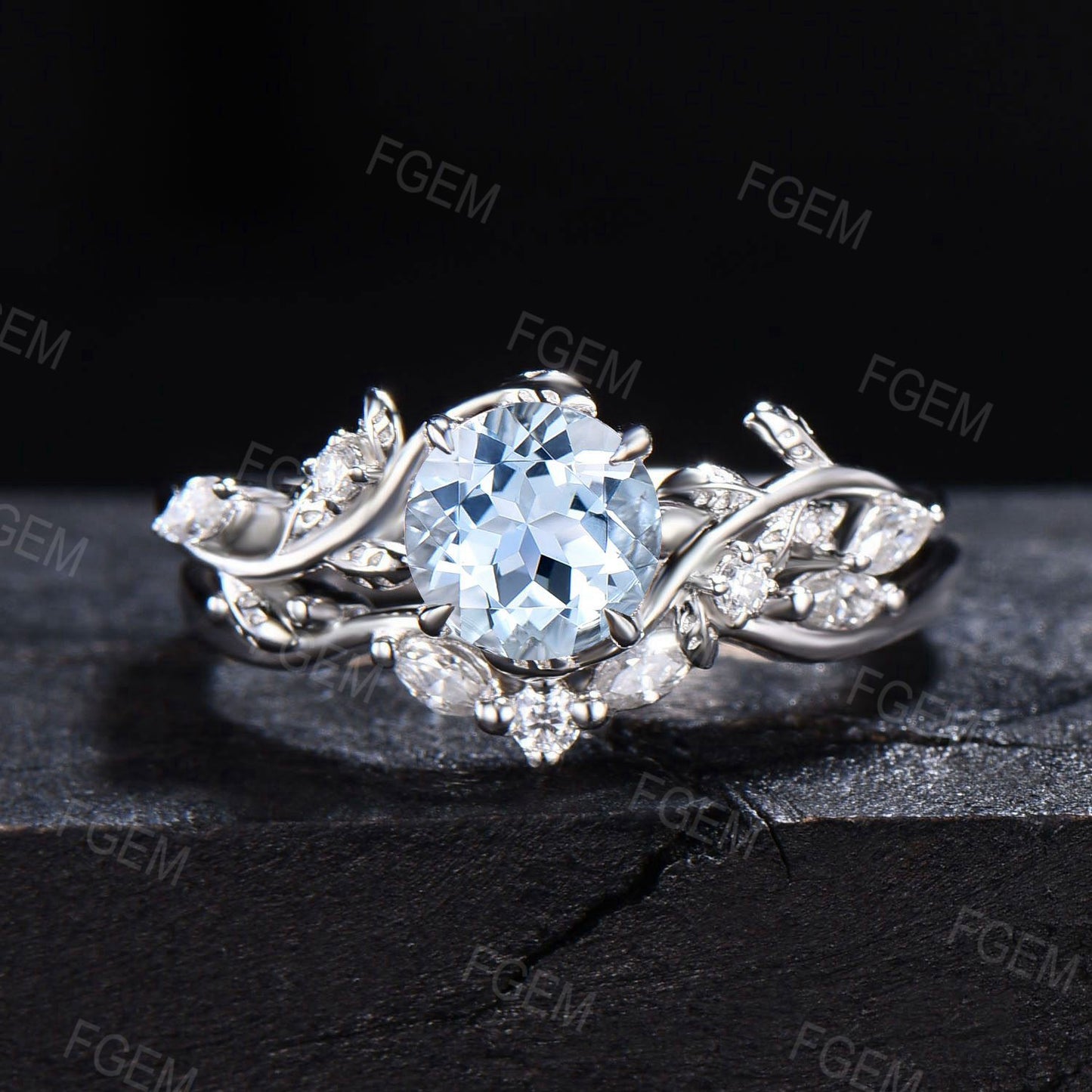 Twig Aquamarine Engagement Ring Set 6.5mm Round Natural Aquamarine Cluster Wedding Ring Branch Leaf Bridal Set March Birthstone Propose Ring
