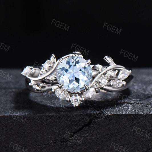 Twig Aquamarine Engagement Ring Set 6.5mm Round Natural Aquamarine Cluster Wedding Ring Branch Leaf Bridal Set March Birthstone Propose Ring