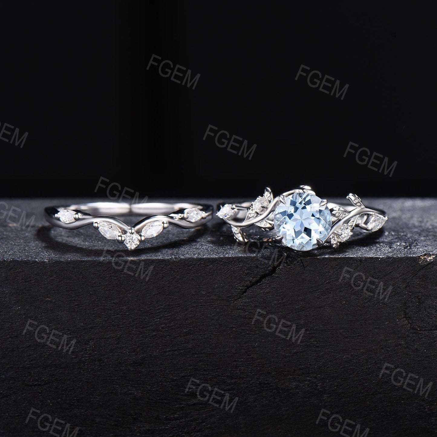 Twig Aquamarine Engagement Ring Set 6.5mm Round Natural Aquamarine Cluster Wedding Ring Branch Leaf Bridal Set March Birthstone Propose Ring