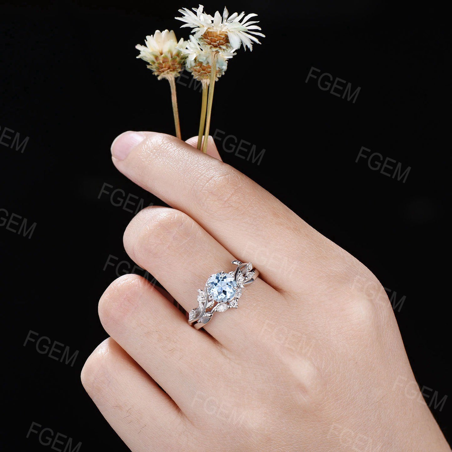 Twig Aquamarine Engagement Ring Set 6.5mm Round Natural Aquamarine Cluster Wedding Ring Branch Leaf Bridal Set March Birthstone Propose Ring
