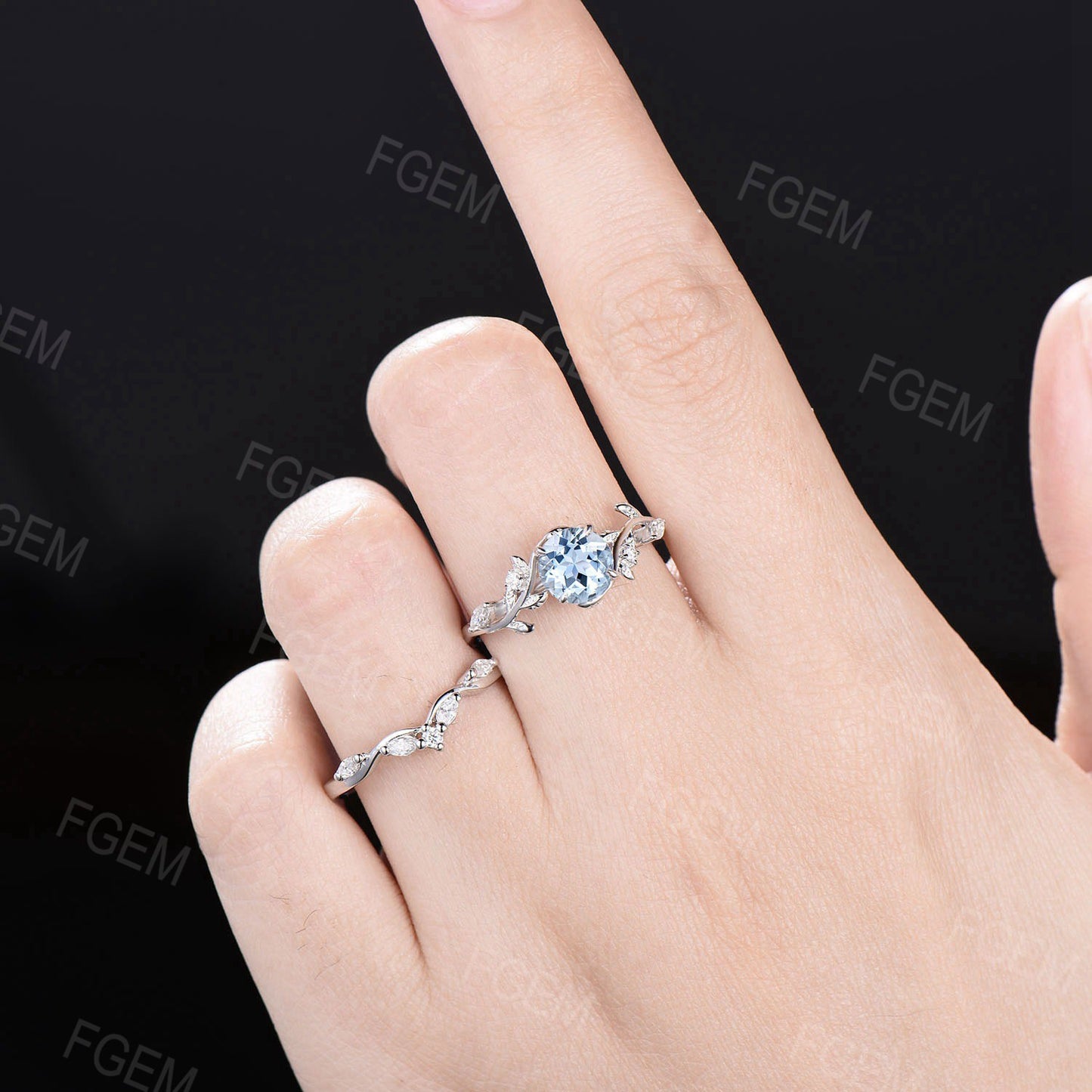 Twig Aquamarine Engagement Ring Set 6.5mm Round Natural Aquamarine Cluster Wedding Ring Branch Leaf Bridal Set March Birthstone Propose Ring