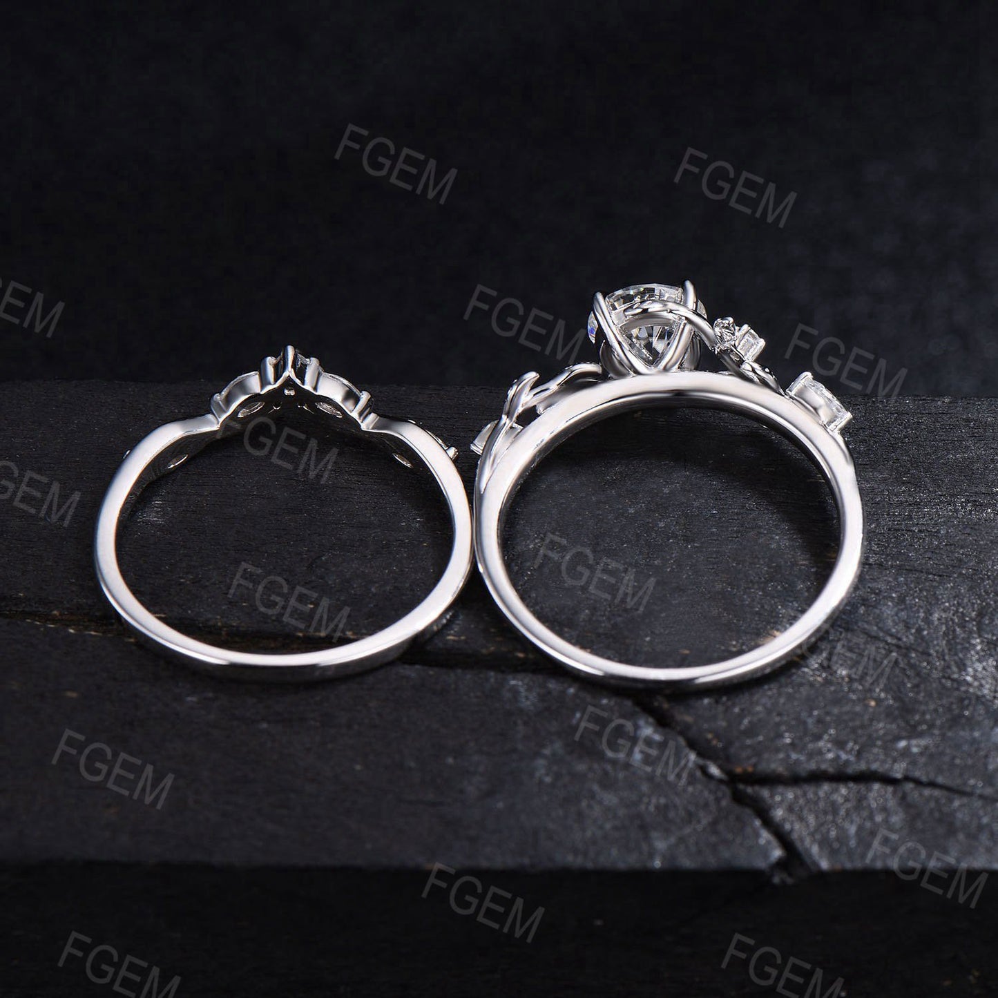 Twig Aquamarine Engagement Ring Set 6.5mm Round Natural Aquamarine Cluster Wedding Ring Branch Leaf Bridal Set March Birthstone Propose Ring