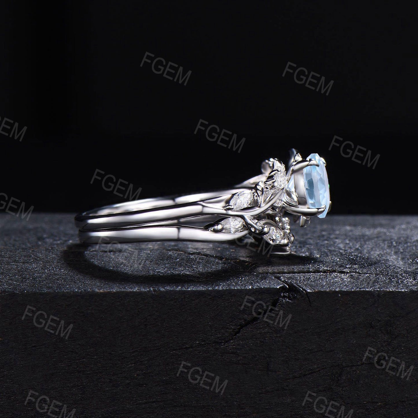 Twig Aquamarine Engagement Ring Set 6.5mm Round Natural Aquamarine Cluster Wedding Ring Branch Leaf Bridal Set March Birthstone Propose Ring