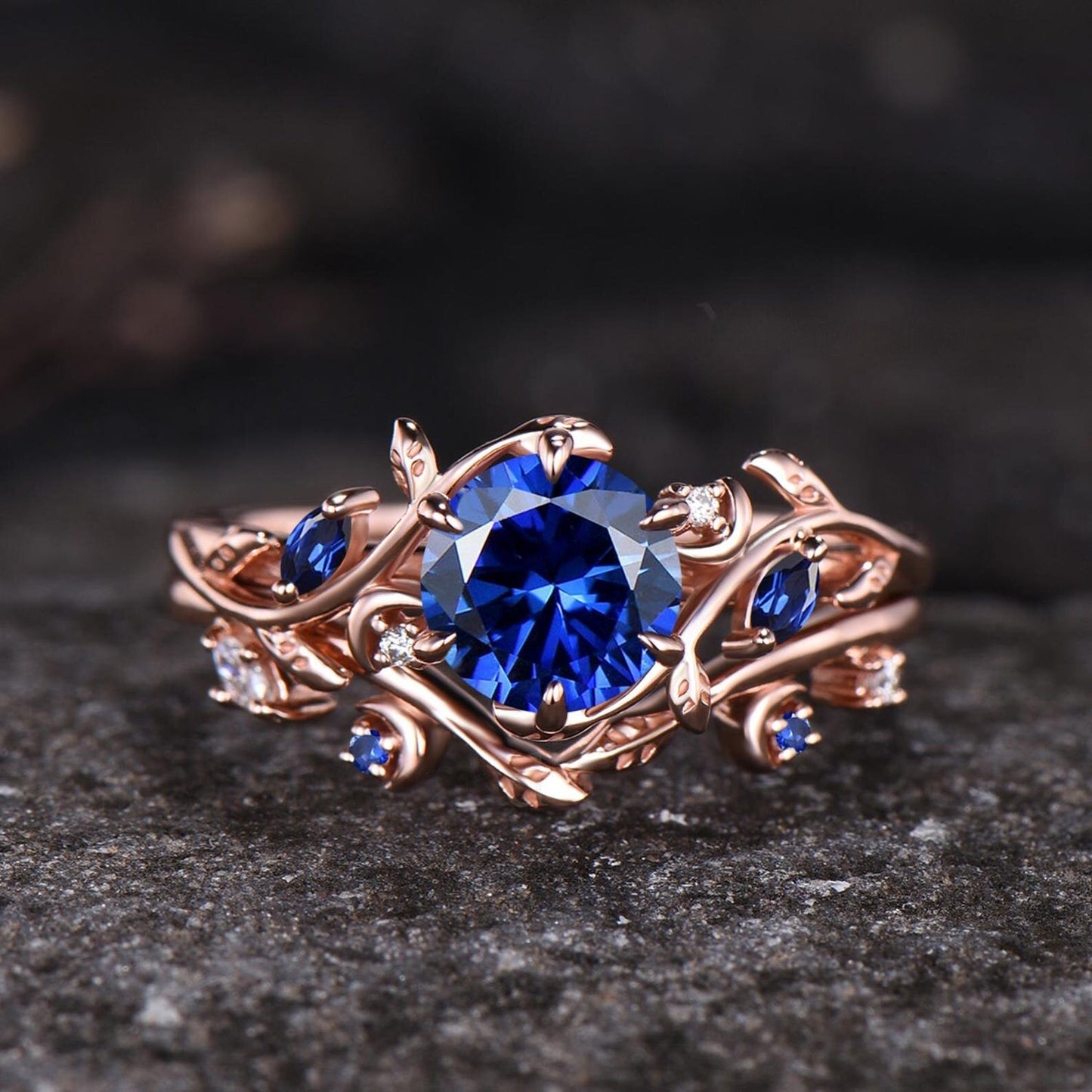 Round Cut Blue Sapphire Engagement Ring Set Unique Leaf Nature Inspired Ring Moon Ring Art Deco September Birthstone Bridal Ring