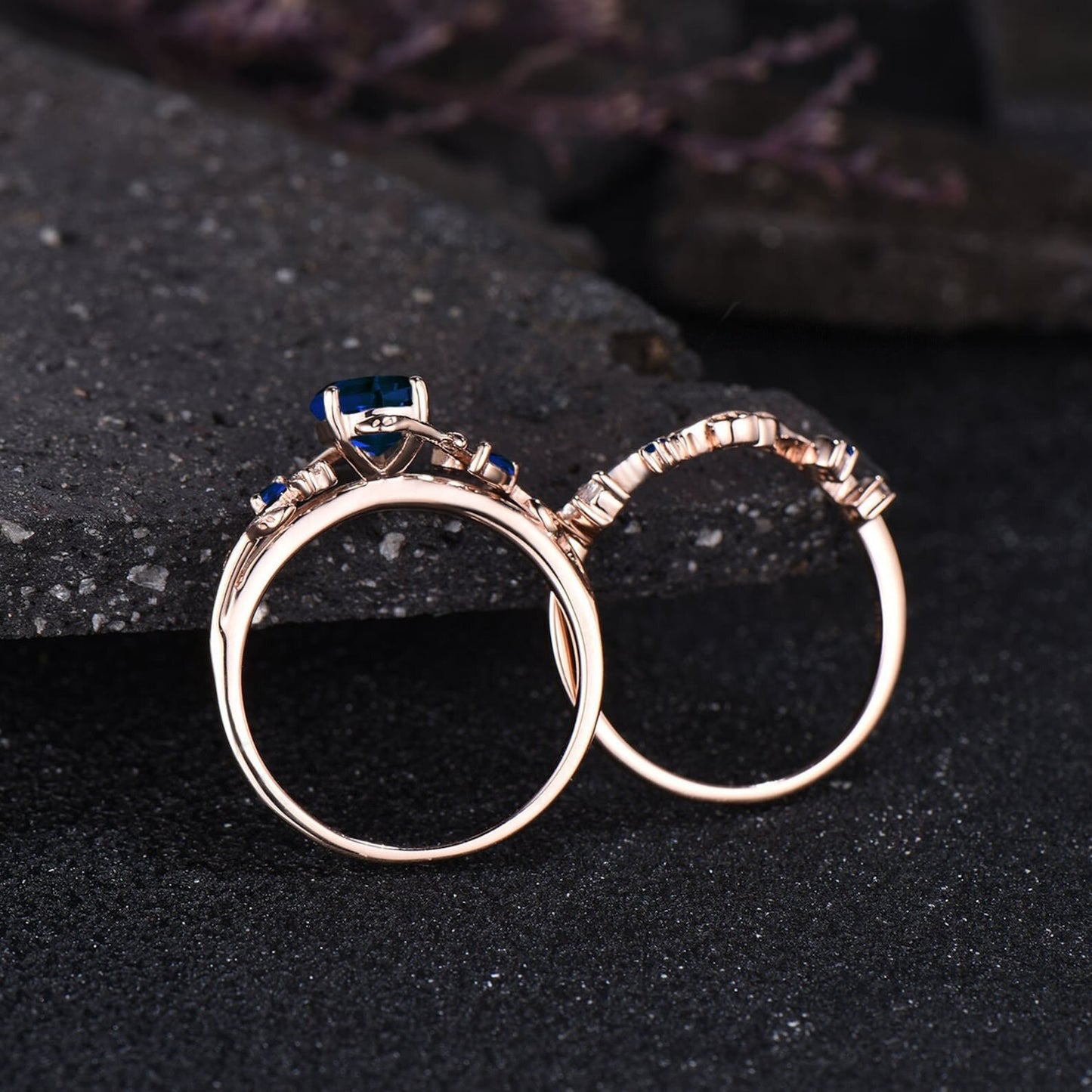 Unique Pear Cut Blue Sapphire Engagement Ring Set Delicate September Birthstone Blue Gemstone Ring Leaf Nature Inspired Ring Moon Ring Women