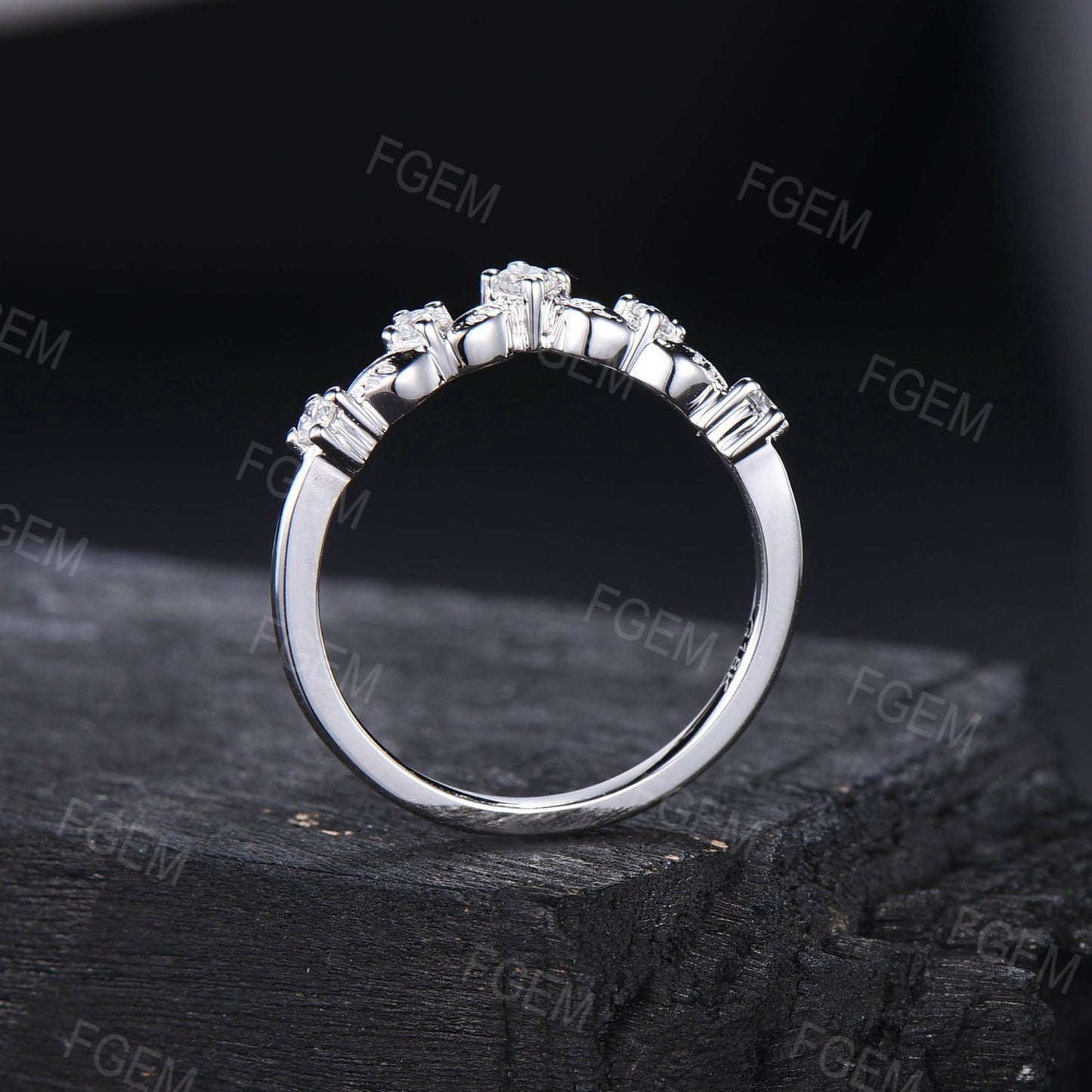 Nature Inspired Wedding Band Contour Curved Band 10K White Gold Moissanite Diamond Nesting Band Unique Vintage Stacking Matching Ring Bridal Gift