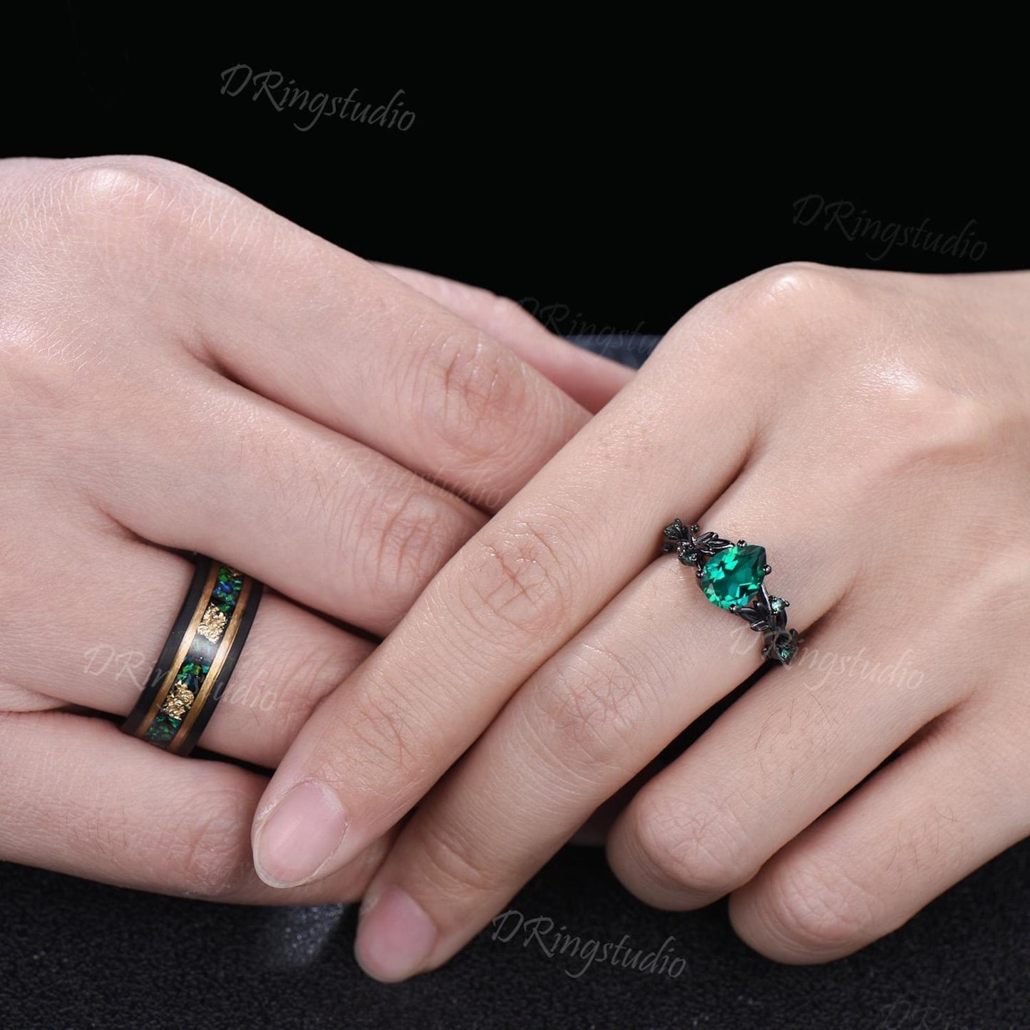 2pcs Pear Green Emerald Couple Set Gothic Black Gold Leaf Vine His and Hers Wedding Ring Nature Inspired Promise Ring Tungsten Matching Band