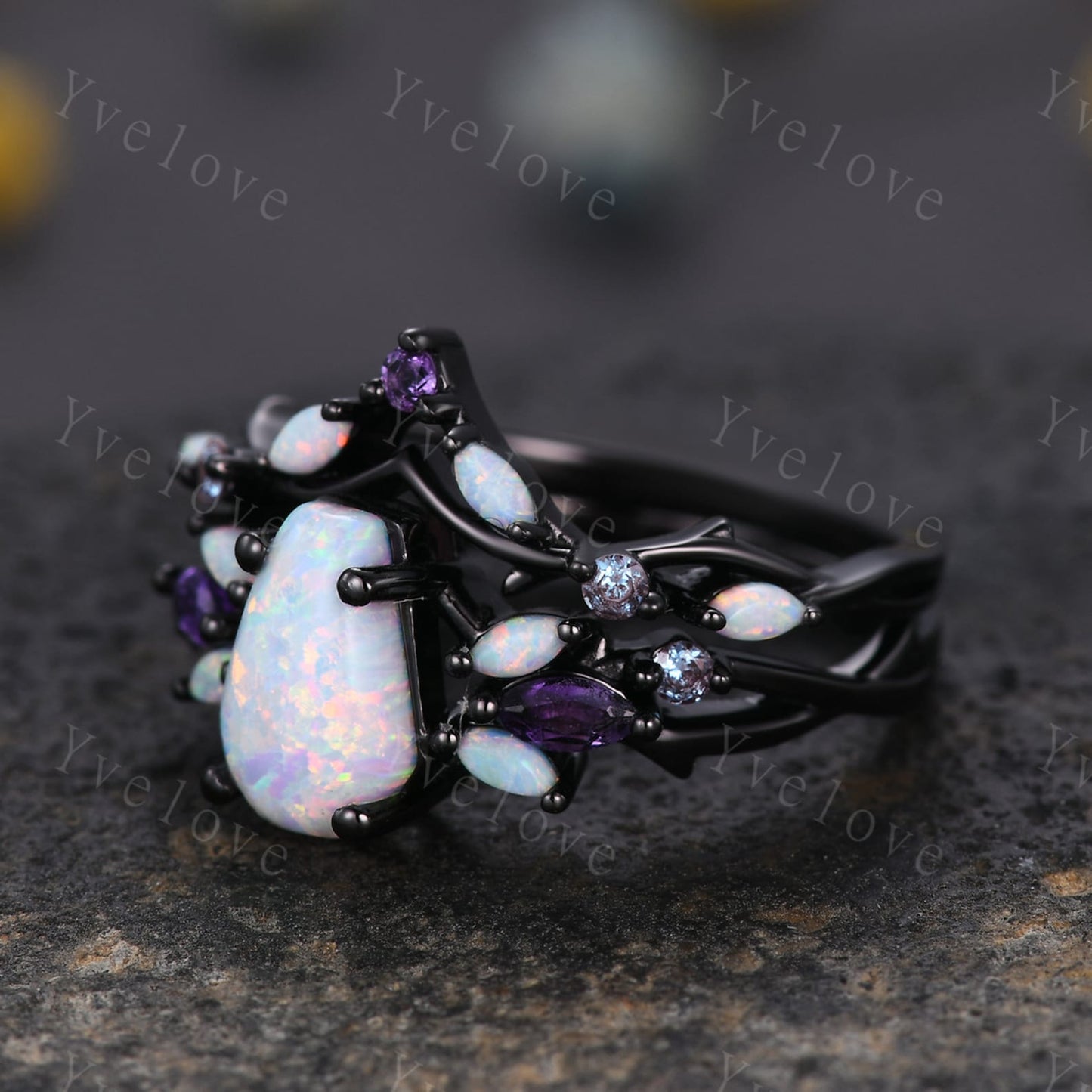 Vintage Coffin White Opal Engagement Ring Set,Black Gold,Vines Amethyst Opal Ring,Women Bridal Set,Unique Twig Anniversary Promise Ring Gift