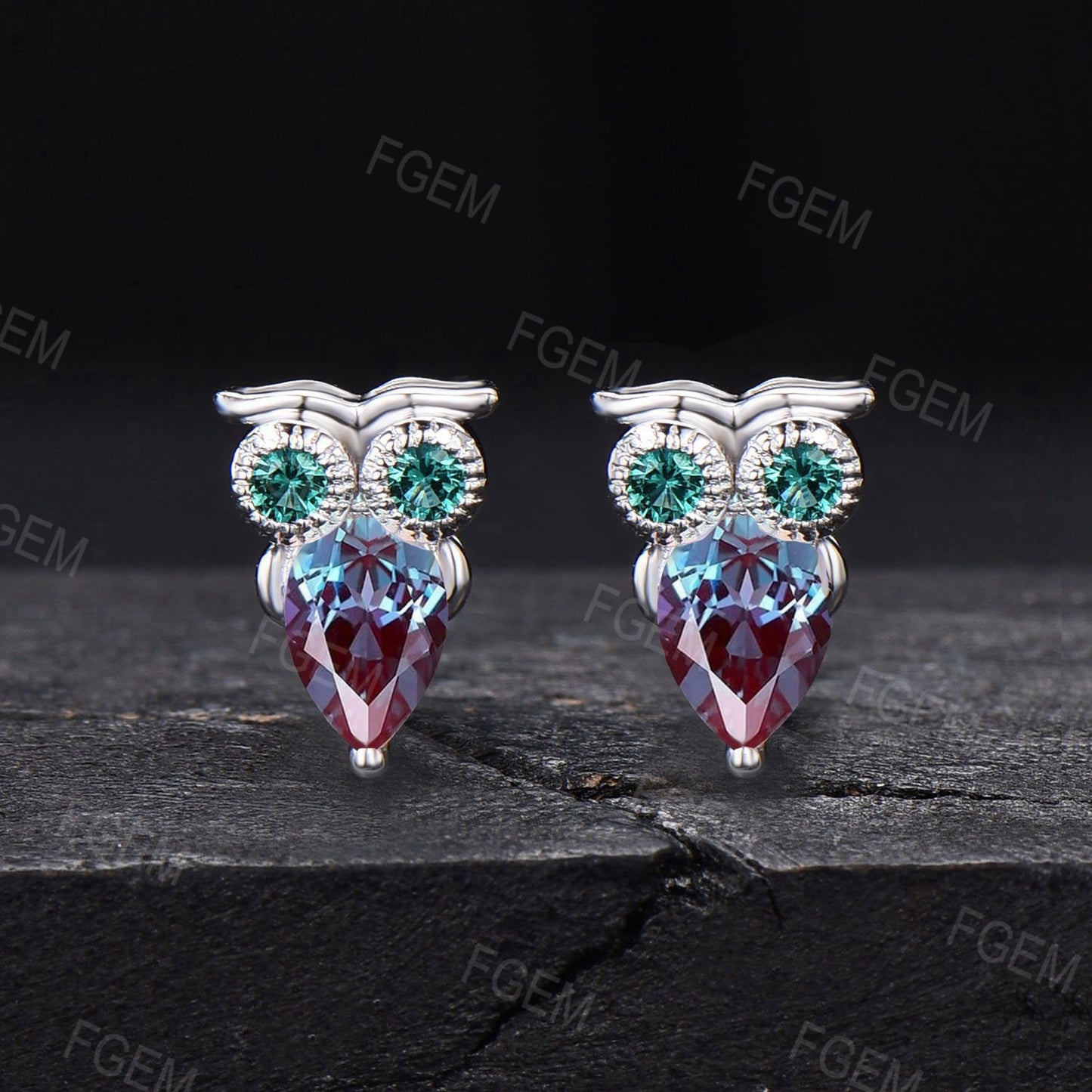 Pear Shaped Alexandrite Owl Earrings 14k White Gold Animal Stud Earrings Emerald Owl Wedding Earrings June Birthstone Jewelry for Owl Lover