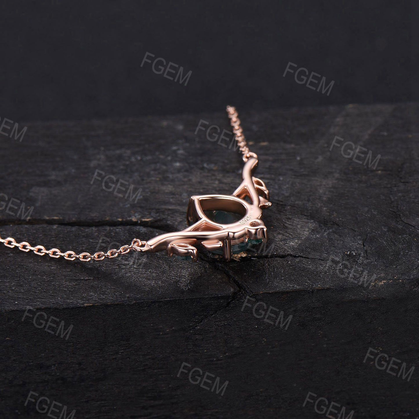 Lab Green Sapphire Necklace Pear Shaped Teal Sapphire Pendant Nature Inspired Leaf Branch Moss Agate Emerald Necklace Wedding Gifts for Her