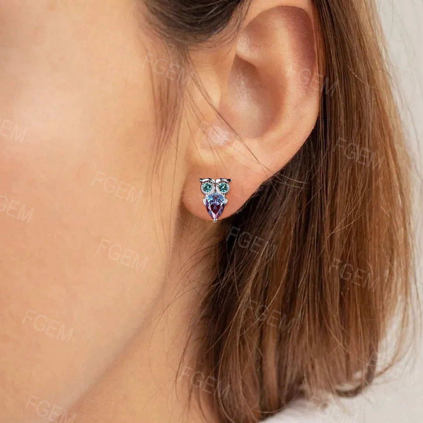 Pear Shaped Alexandrite Owl Earrings 14k White Gold Animal Stud Earrings Emerald Owl Wedding Earrings June Birthstone Jewelry for Owl Lover