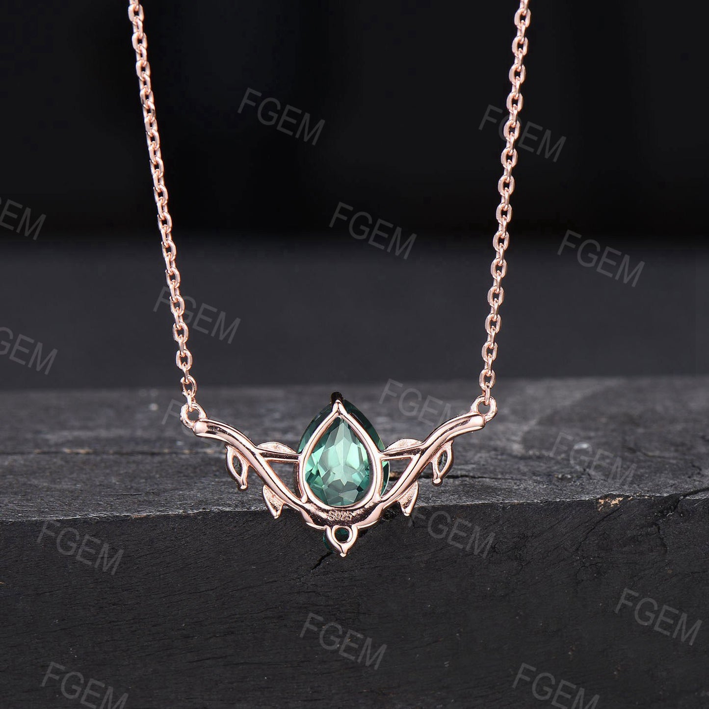 Lab Green Sapphire Necklace Pear Shaped Teal Sapphire Pendant Nature Inspired Leaf Branch Moss Agate Emerald Necklace Wedding Gifts for Her