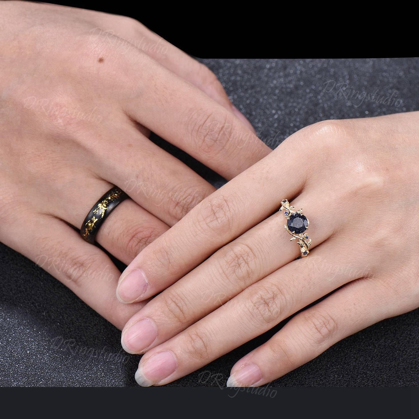 Starry Sky Blue Sandstone Couple Rings Set Vintage Gold Foil Tungsten Wedding Band 14k Gold Celestial Galaxy Engagement Ring for Her & Him
