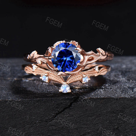 Branch Sapphire Engagement Ring Set Vintage 6.5mm Round Blue Sapphire Bridal Set Leaf Moonstone Wedding Ring September Birthstone Jewelry