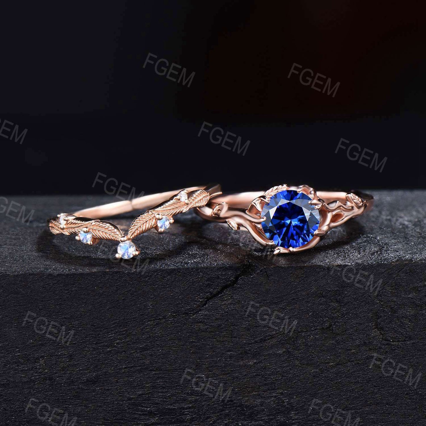 Branch Sapphire Engagement Ring Set Vintage 6.5mm Round Blue Sapphire Bridal Set Leaf Moonstone Wedding Ring September Birthstone Jewelry