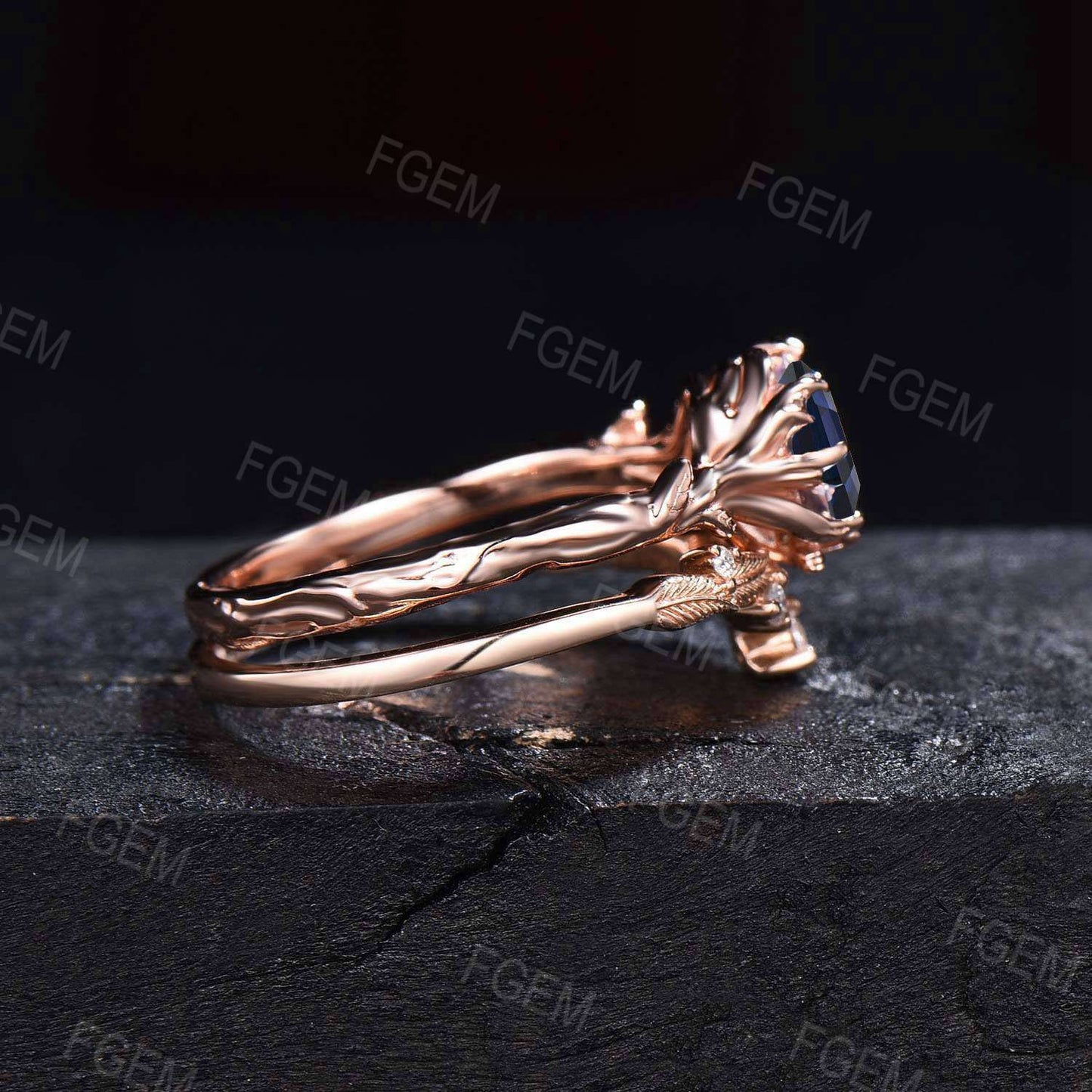 Branch Sapphire Engagement Ring Set Vintage 6.5mm Round Blue Sapphire Bridal Set Leaf Moonstone Wedding Ring September Birthstone Jewelry