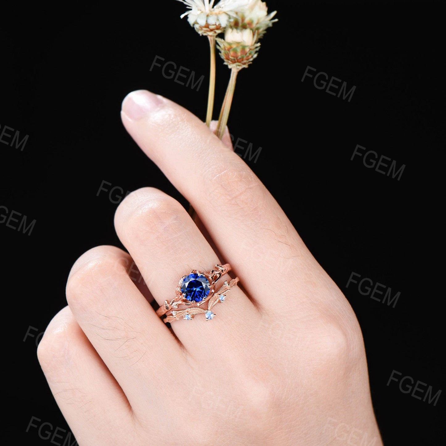 Branch Sapphire Engagement Ring Set Vintage 6.5mm Round Blue Sapphire Bridal Set Leaf Moonstone Wedding Ring September Birthstone Jewelry