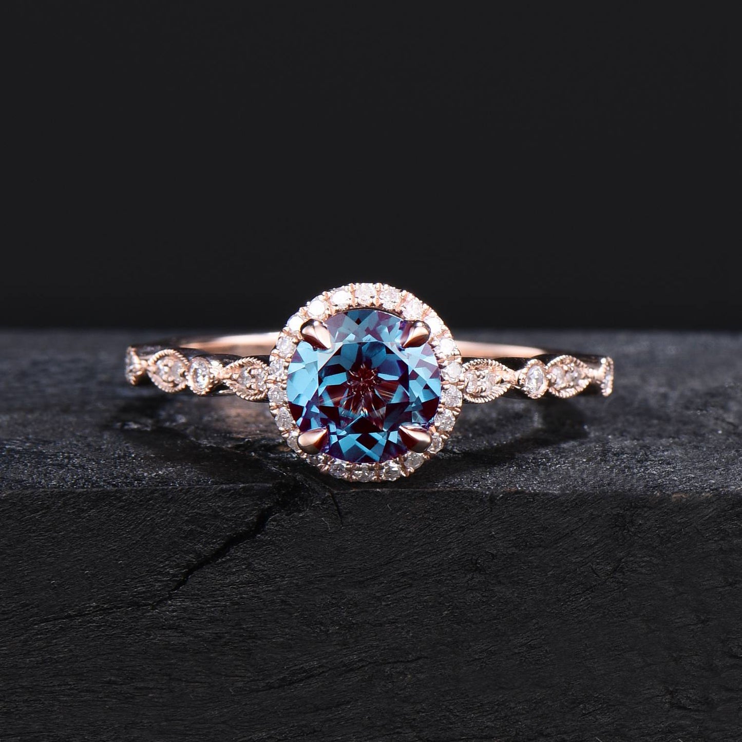 Round Alexandrite Engagement Ring Vintage Halo Wedding Ring 14K Rose Gold Half Eternity Moissanite Band Unique June Birthstone Birthday Gift