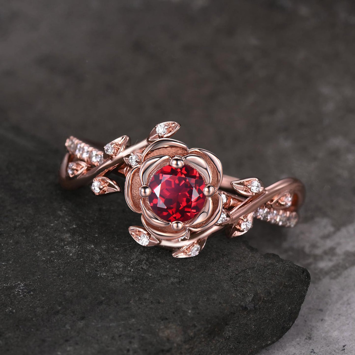 Rose Flower Red Ruby Engagement Rings 14K Rose Gold Twig Leaf Bypass Wedding Ring