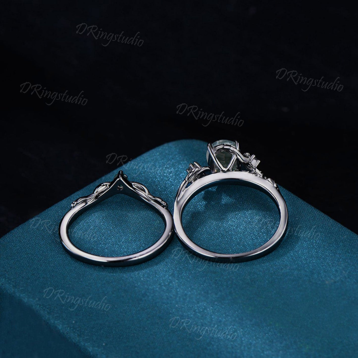 1.5mm Oval Cut Natural Green Moss Agate Emerald Engagement Ring Set 14K Black Gold Leaf Branch Wedding Ring