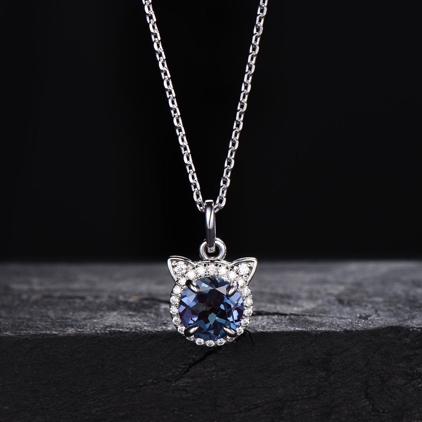 Cat Shaped Necklace 7mm Alexandrite Necklace 14k Rose Gold Pendant Vintage Moissanite Halo Necklace June Birthstone Jewelry for Daughter