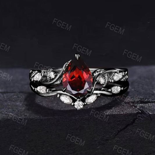Pear Natural Garnet Engagement Ring Set Nature Inspired Jewelry 14K Rose/Black Gold Twig Vine Red Garnet Bridal Set January Birthstone Gift