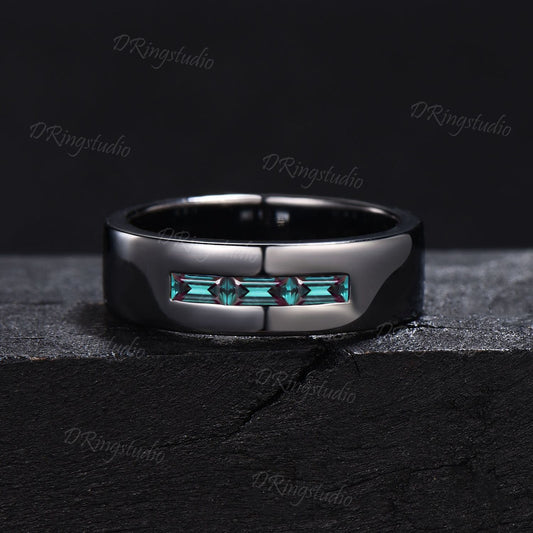 4mm/5mm/6mm Mens Baguette Alexandrite Wedding Band Rose/Black Gold Color-Change Alexandrite Brushed Band Matching Band Retro Vintage Rings