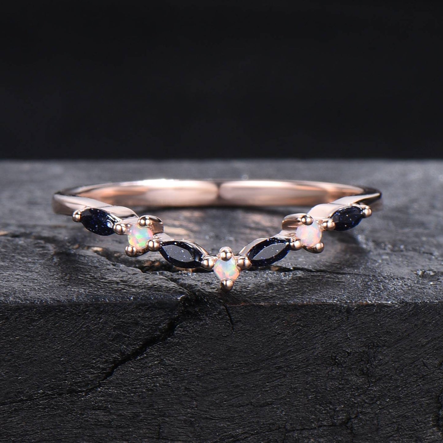 Sterling Silver Unique Marquise Blue Sandstone Wedding Band Opal Nesting Band Vintage Blue Goldstone Stackable Band Chevron Ring Women Gift