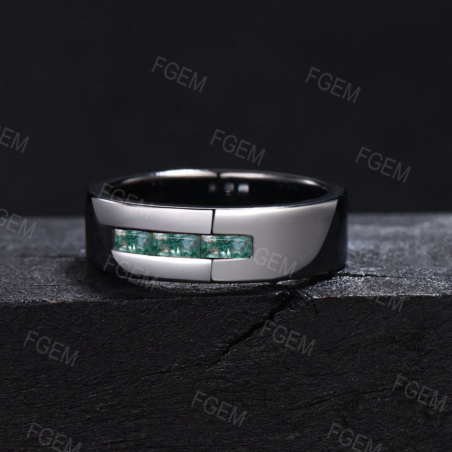Mens Baguette Natural Moss Agate Wedding Ring Channel Set Band 6mm Black Gold Green Moss Matching Band Stacking Band Proposal Gifts for Men