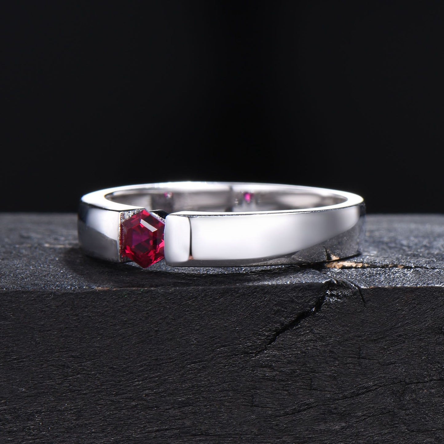 4mm Mens Ruby Wedding Band 14K Black Gold Hexagon Cut Ruby Engagement Ring Pinky Ring July Birthstone Jewelry Tension Set Ring Promise Gift
