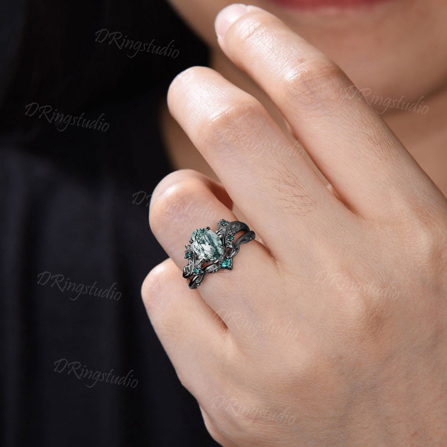 1.5mm Oval Cut Natural Green Moss Agate Emerald Engagement Ring Set 14K Black Gold Leaf Branch Wedding Ring