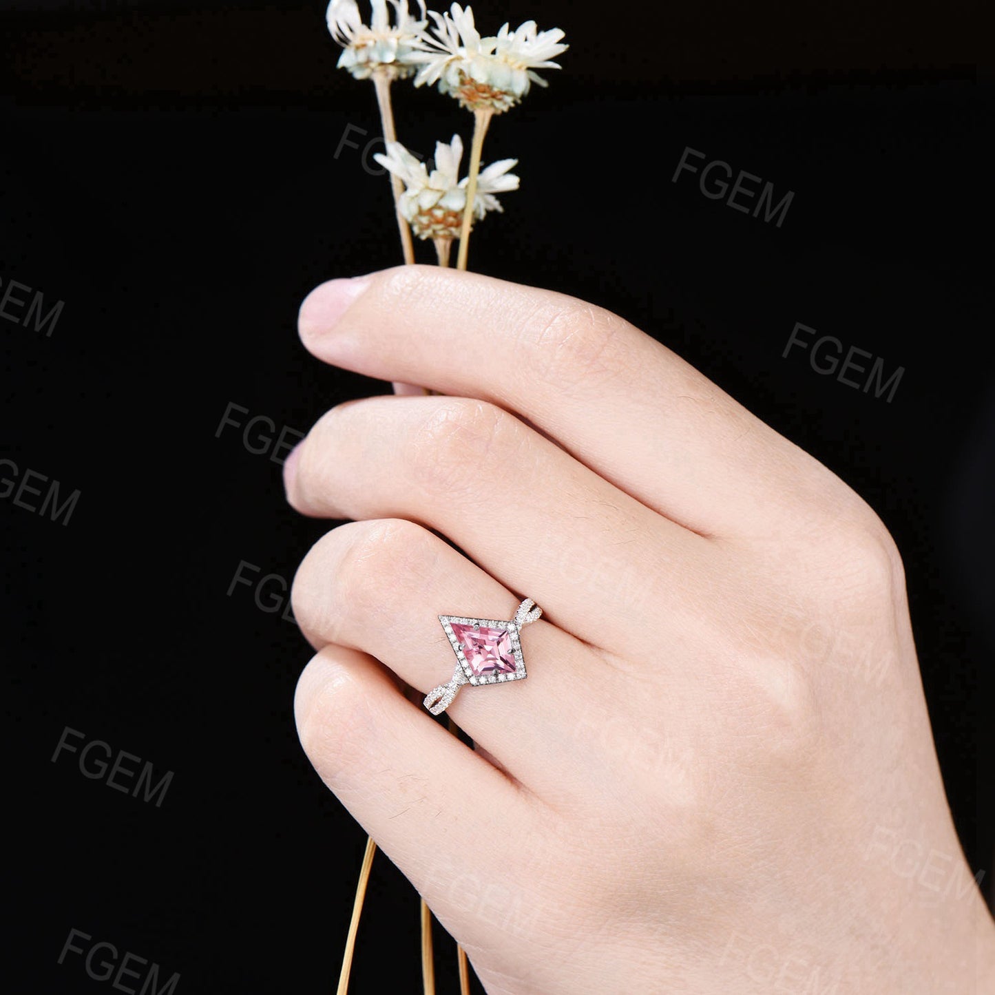 14k Gold Padparadscha Sapphire Engagement Ring Halo Moissanite Wedding Ring 7x10mm Kite Cut Peach Sapphire Bridal Ring Infinity Twisted Ring