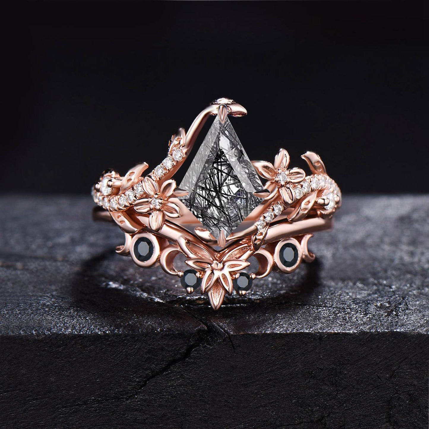 Natural Black Rutilated Quartz Ring Set Floral Kite Engagement Ring Nature Inspired Leaf Black Spinel Moissanite Bridal Set Anniversary Gift