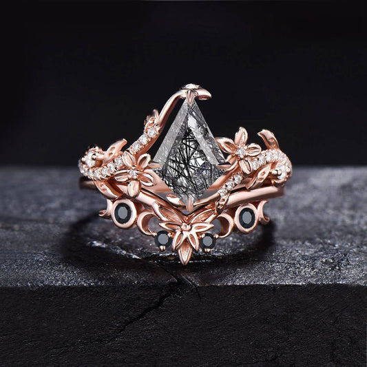 Natural Black Rutilated Quartz Ring Set Floral Kite Engagement Ring Nature Inspired Leaf Black Spinel Moissanite Bridal Set Anniversary Gift
