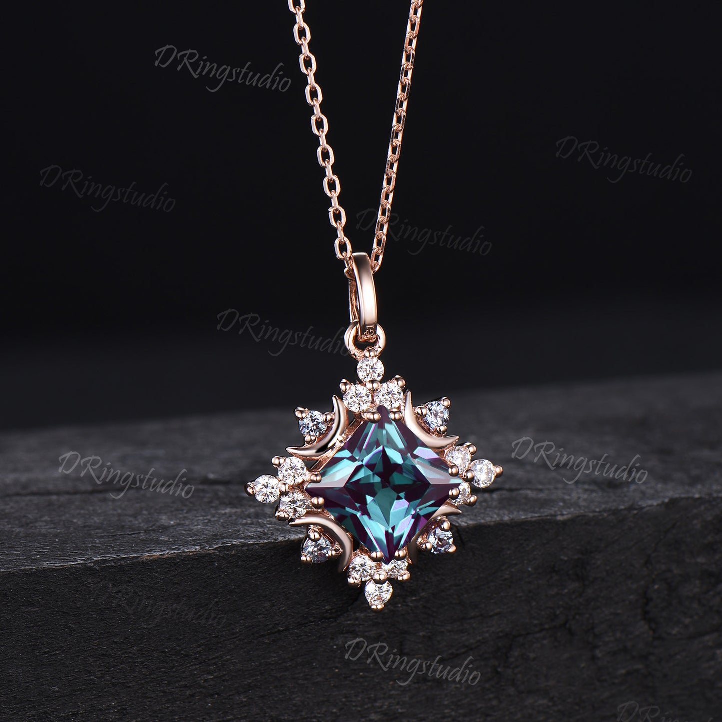 Unique Princess Cut Alexandrite Necklace Rose Gold Celestial Moon Charm Necklace Halo Moissanite Diamond Pendant Anniversary Gift for Women