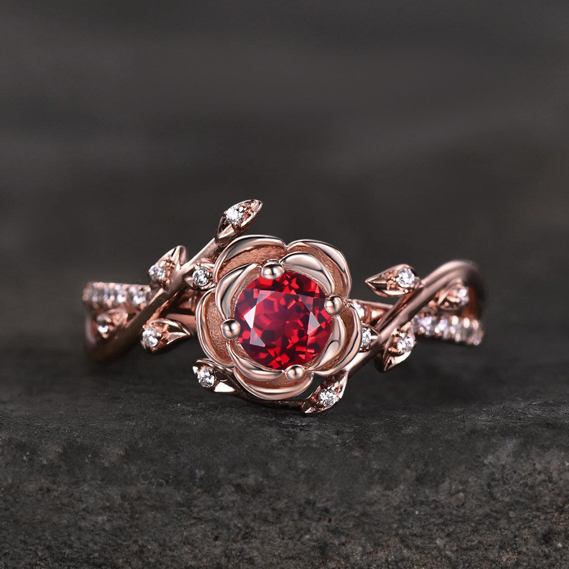 Rose Flower Red Ruby Engagement Rings 14K Rose Gold Twig Leaf Bypass Wedding Ring